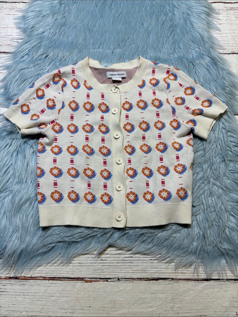 Urban Revivo Patterned Stretch Babydoll Crop Short Sleeve Cardigan sz XS